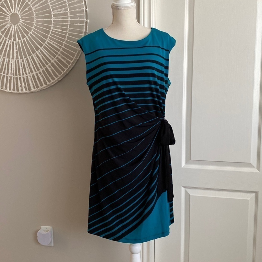 R&K -  Petite Teal & Black Striped Dress with Side Tie​​​​​​​​​​​​